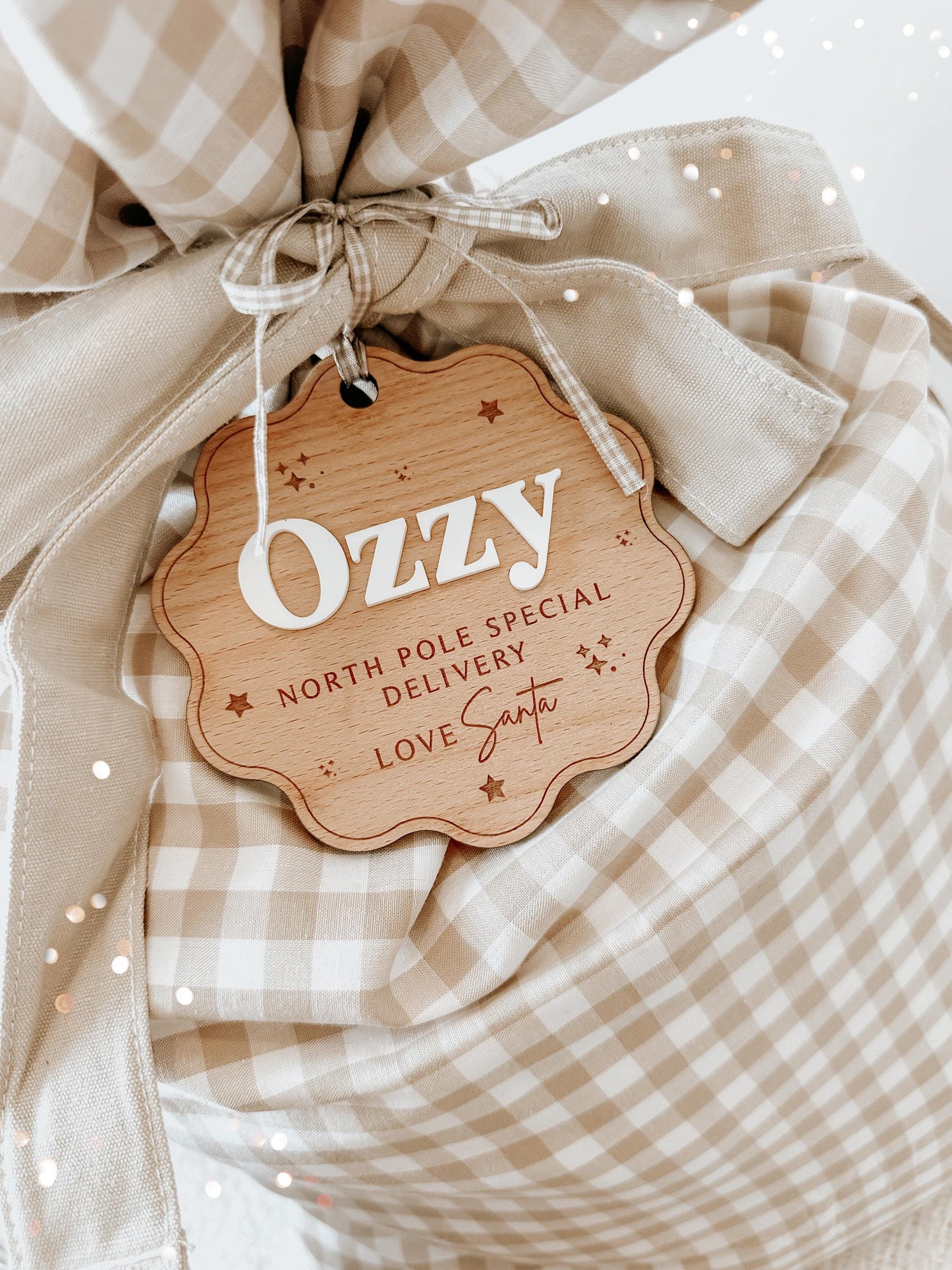 Personalised Beige Gingham Christmas Sack With Wooden Name Plaque | Christmas Sack Tags | Santa Sack
