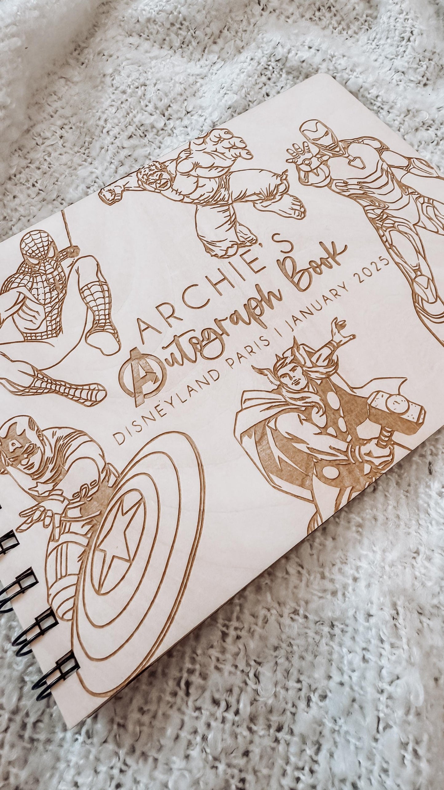 Personalised A5 wooden engraved Avengers Marvel Autograph Book/ holiday scrapbook/ Disneyland/ Disneyworld/ memory gift