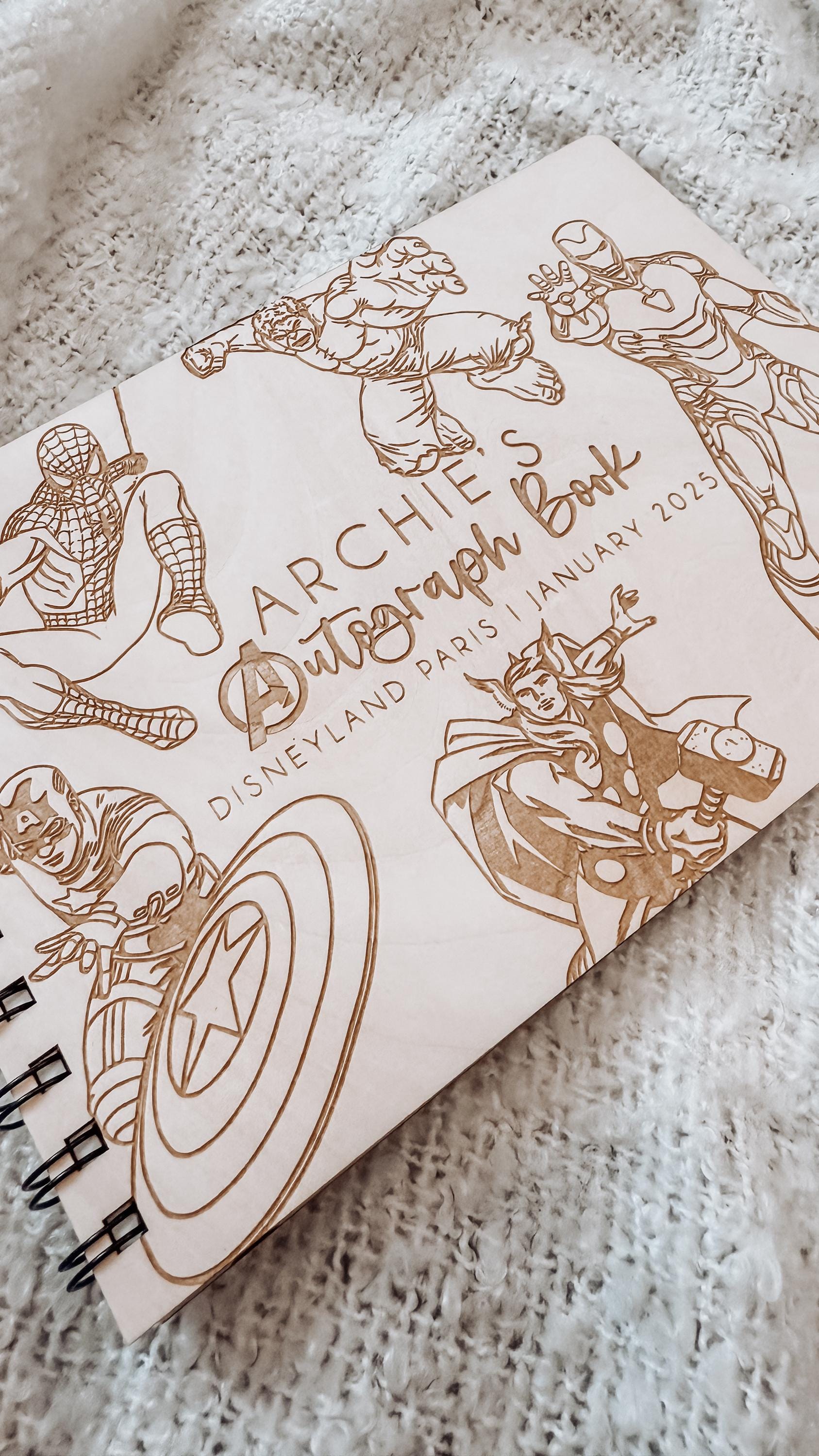 Personalised A5 wooden engraved Avengers Marvel Autograph Book/ holiday scrapbook/ Disneyland/ Disneyworld/ memory gift