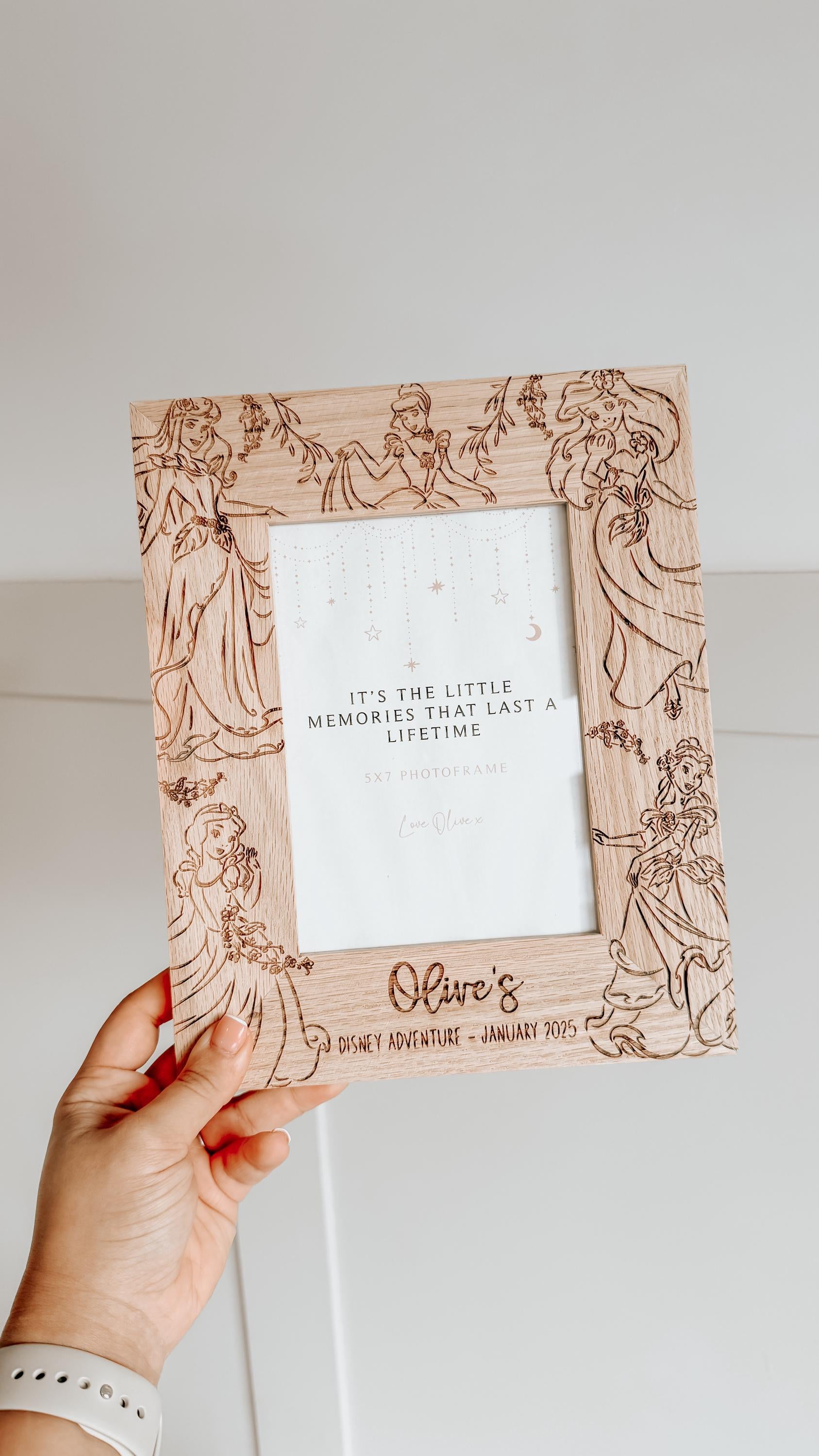 Personalised Solid Oak Disney Princess Photo frame/ Unique Disney gifts/ Wooden Photo Frame with engraving