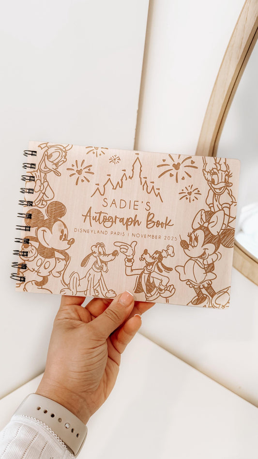 Personalised A5 wooden engraved Disney Mickey Mouse Autograph Book/ holiday scrapbook/ memory book/ photo album/ memory gift