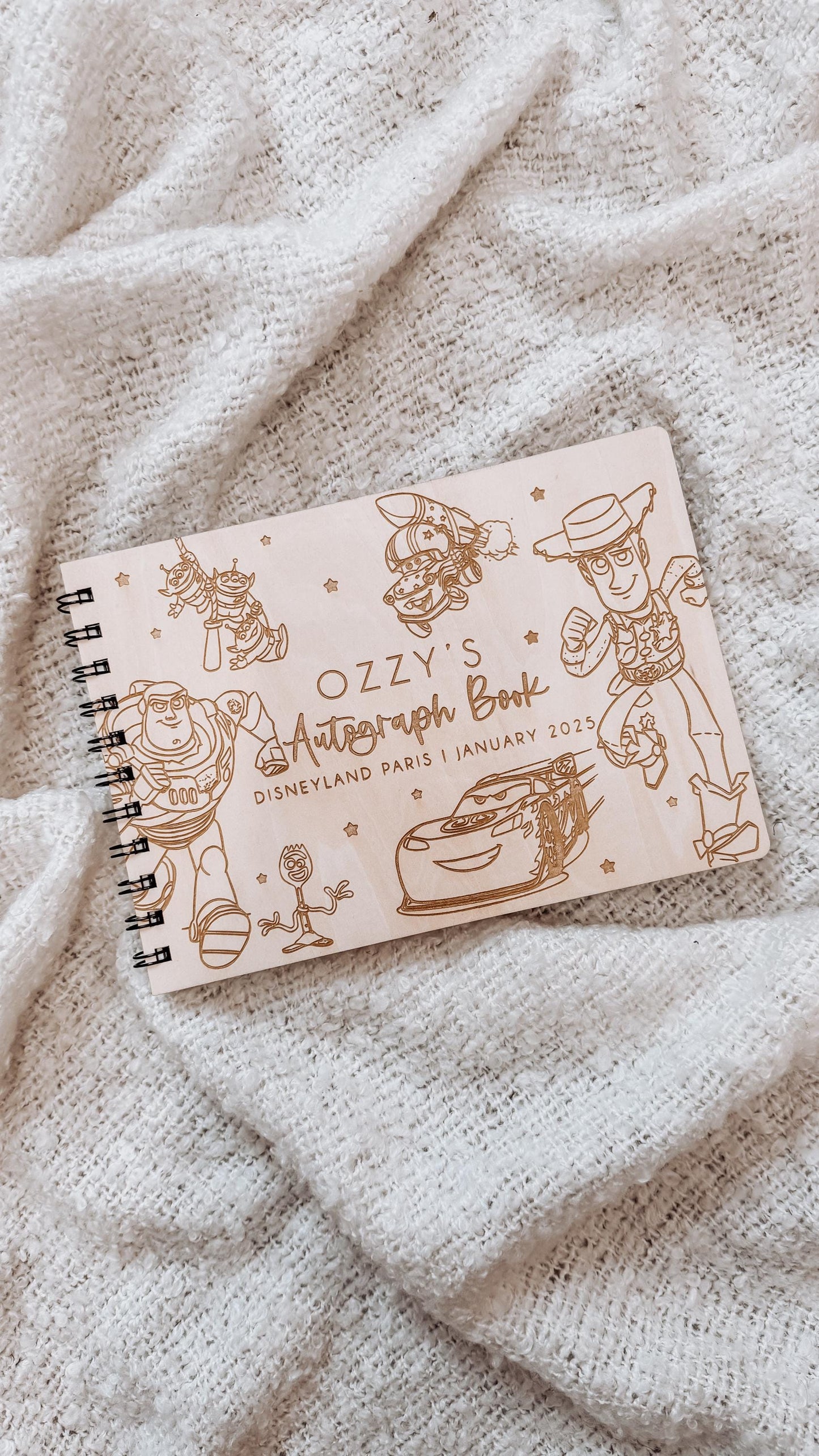 Personalised A5 wooden engraved Disney Pixar Toy Story & Cars Autograph Book/ holiday scrapbook/ memory book/ photo album/ memory gift