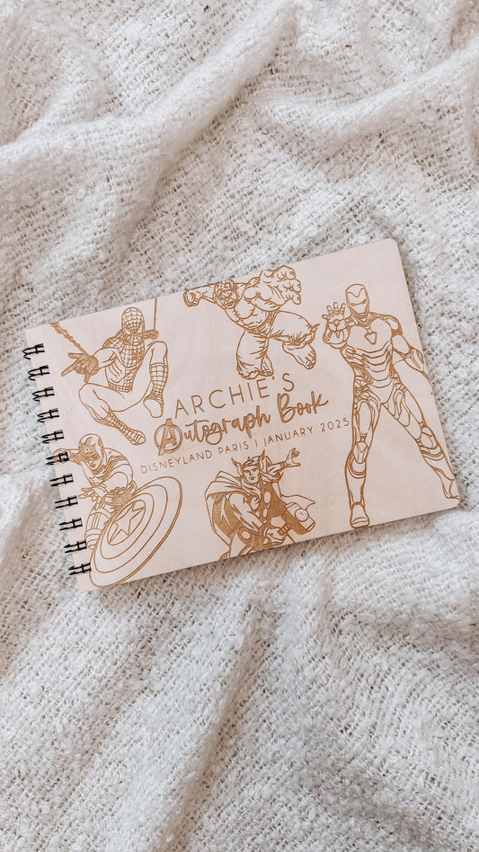 Personalised A5 wooden engraved Avengers Marvel Autograph Book/ holiday scrapbook/ Disneyland/ Disneyworld/ memory gift