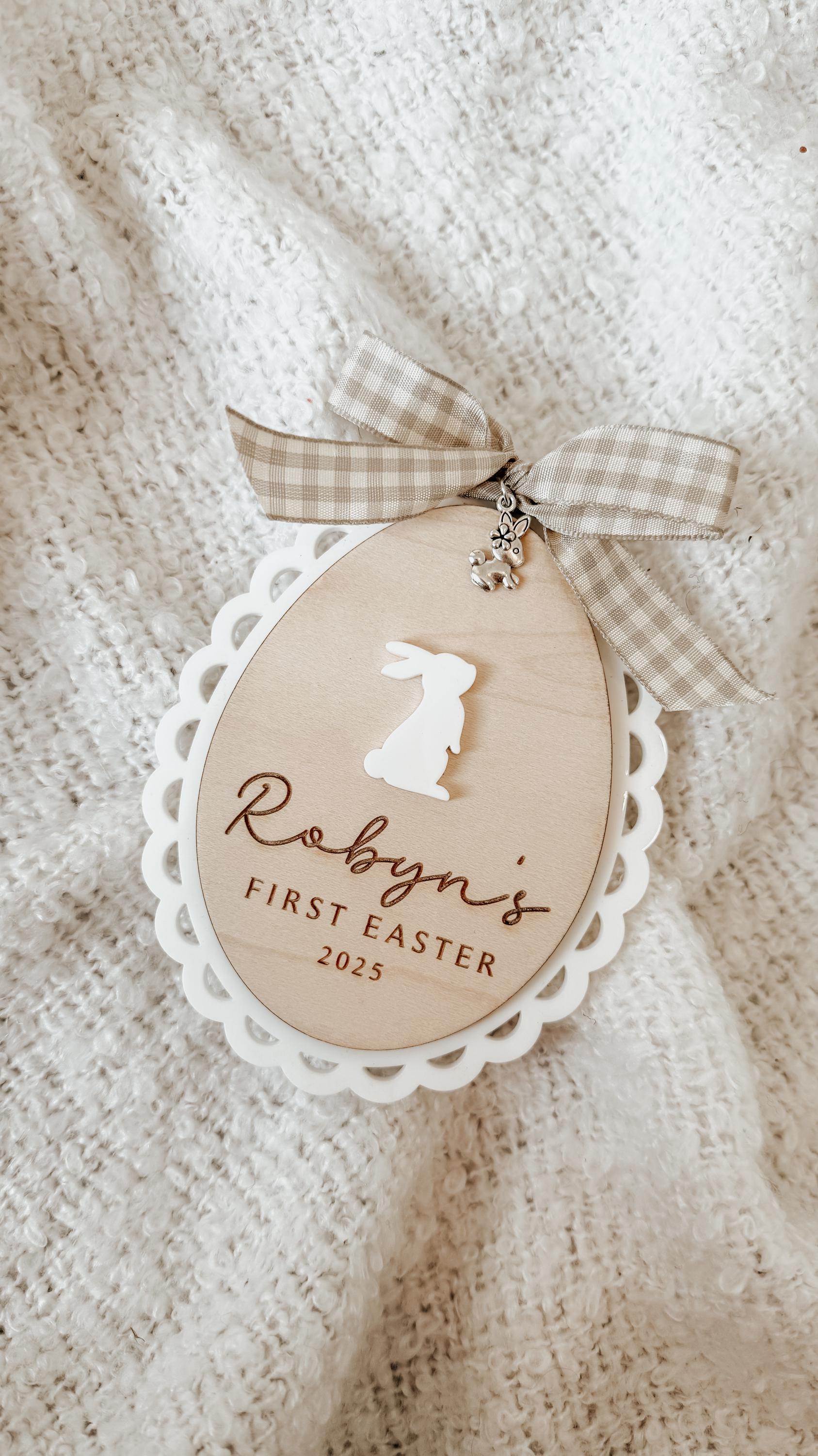 Personalised Engraved Baby's First Easter Name Plaque. Keepsake Easter Decoration. Wooden Baby Gift. Social Media Photo Prop Disc