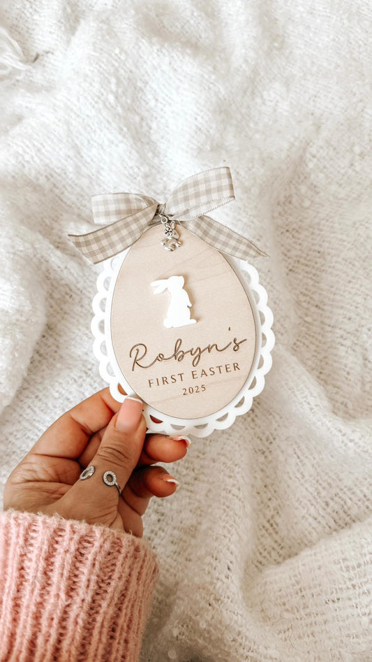 Personalised Engraved Baby's First Easter Name Plaque. Keepsake Easter Decoration. Wooden Baby Gift. Social Media Photo Prop Disc