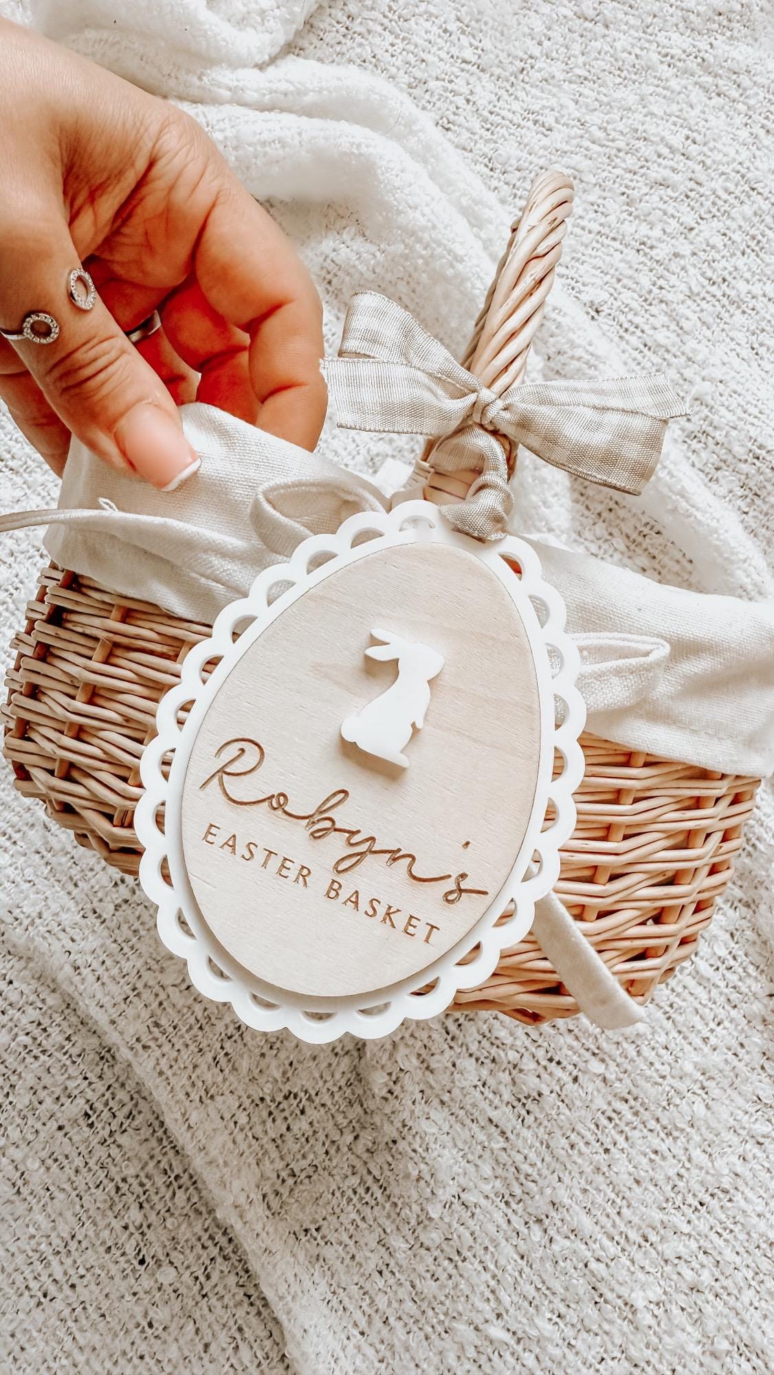 Personalised Easter Bunny Wicker Egg Basket with Easter Tag