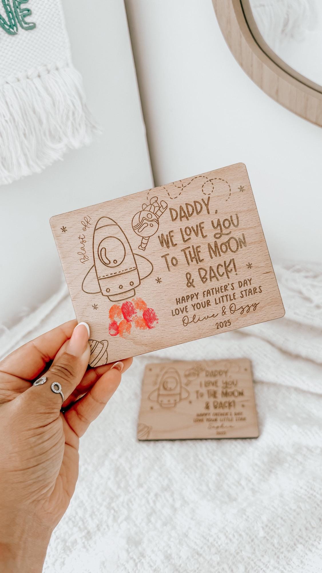 Personalised Father's Day Finger Print Fridge Magnet | Wooden Space Fridge Magnet | Father's Day Gifts