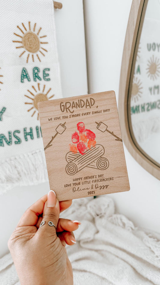 Personalised Father's Day Finger Print Fridge Magnet | Wooden Camp Fire Fridge Magnet | Father's Day Gifts | Grandad Gifts