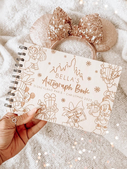 Personalised A5 wooden engraved Disney Mickey & Friends Christmas Autograph Book | holiday scrapbook | memory book