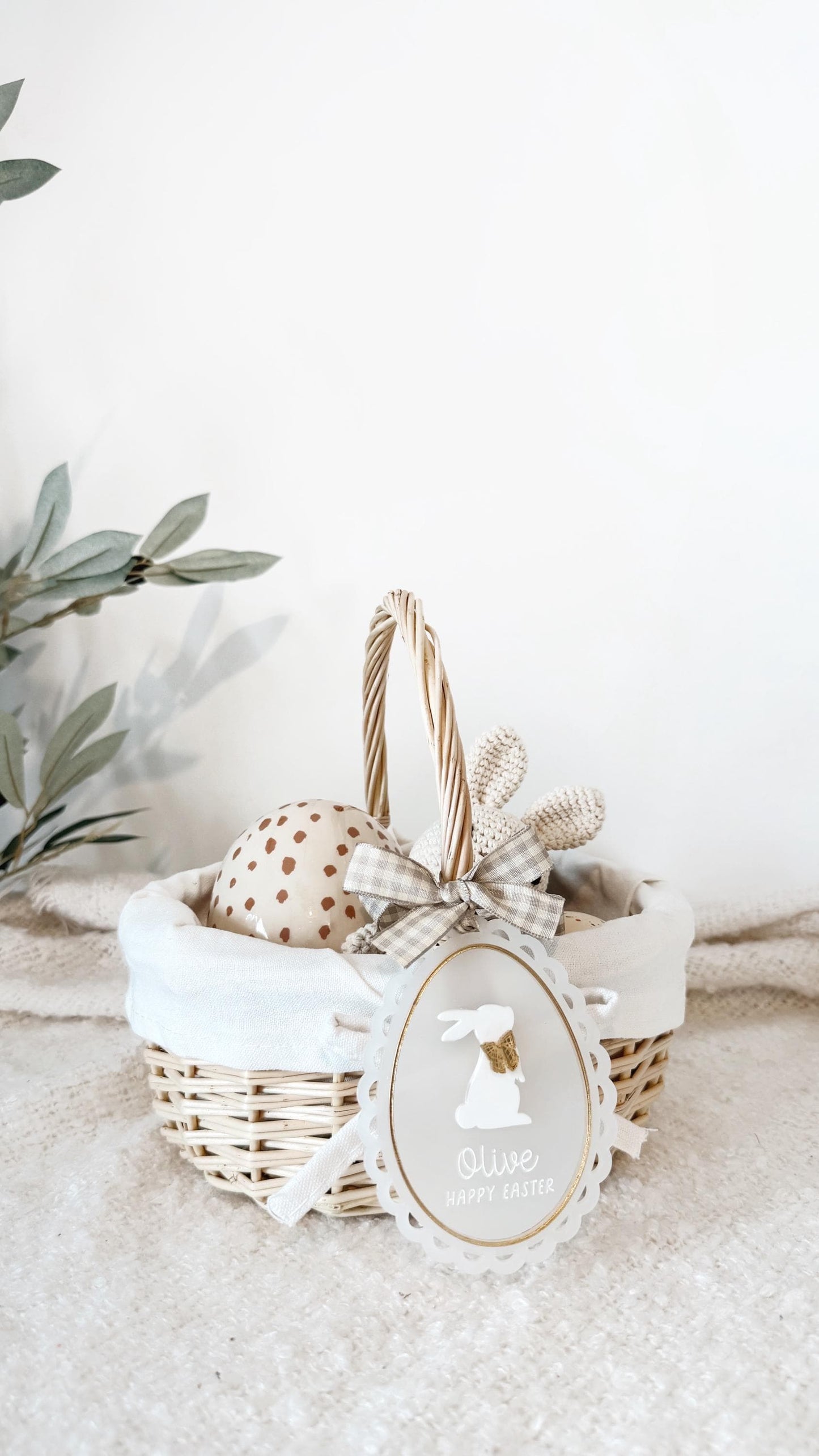 Personalised Easter Bunny Wicker Egg Basket with Acrylic Easter Tag