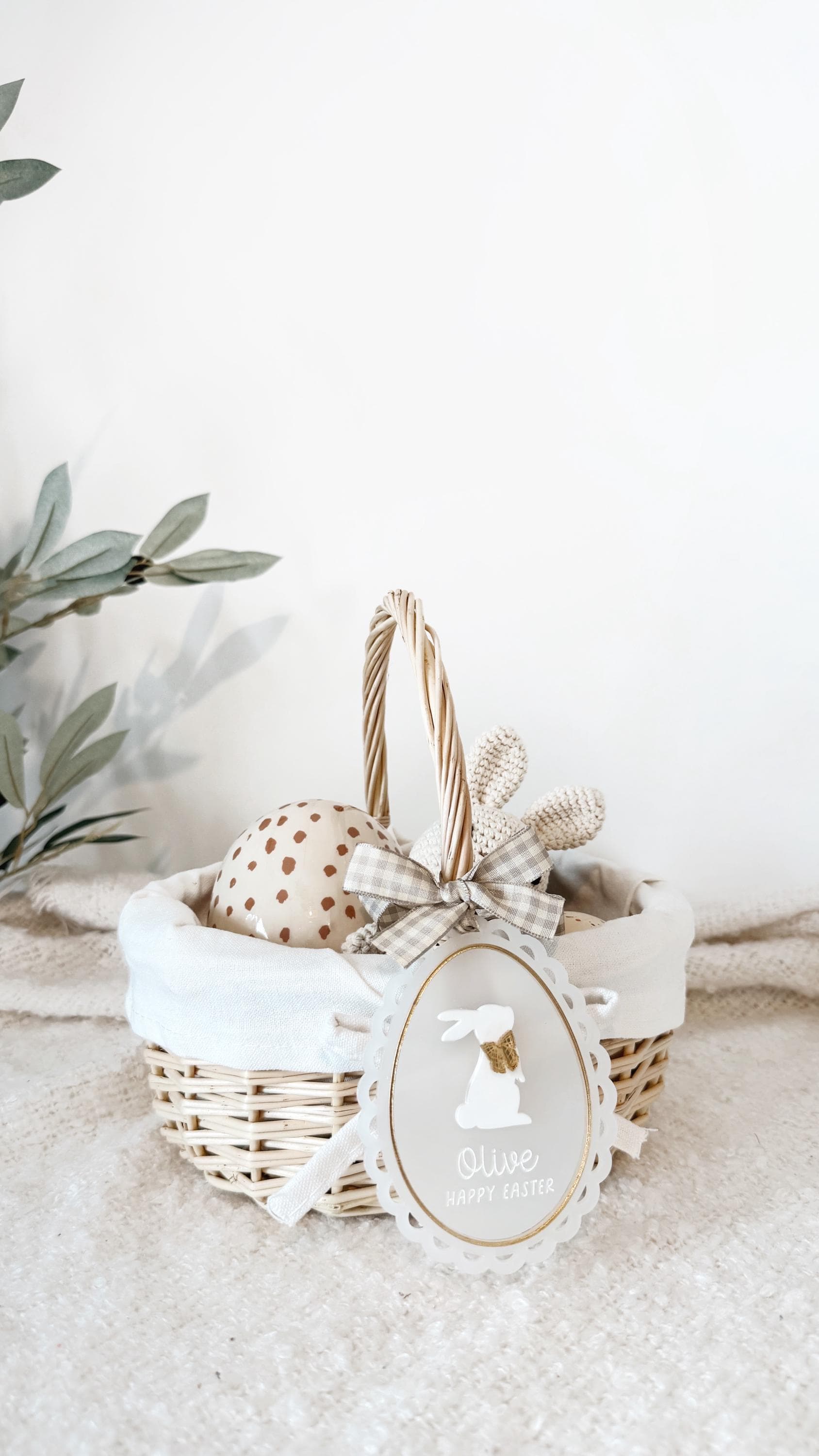 Personalised Easter Bunny Wicker Egg Basket with Acrylic Easter Tag