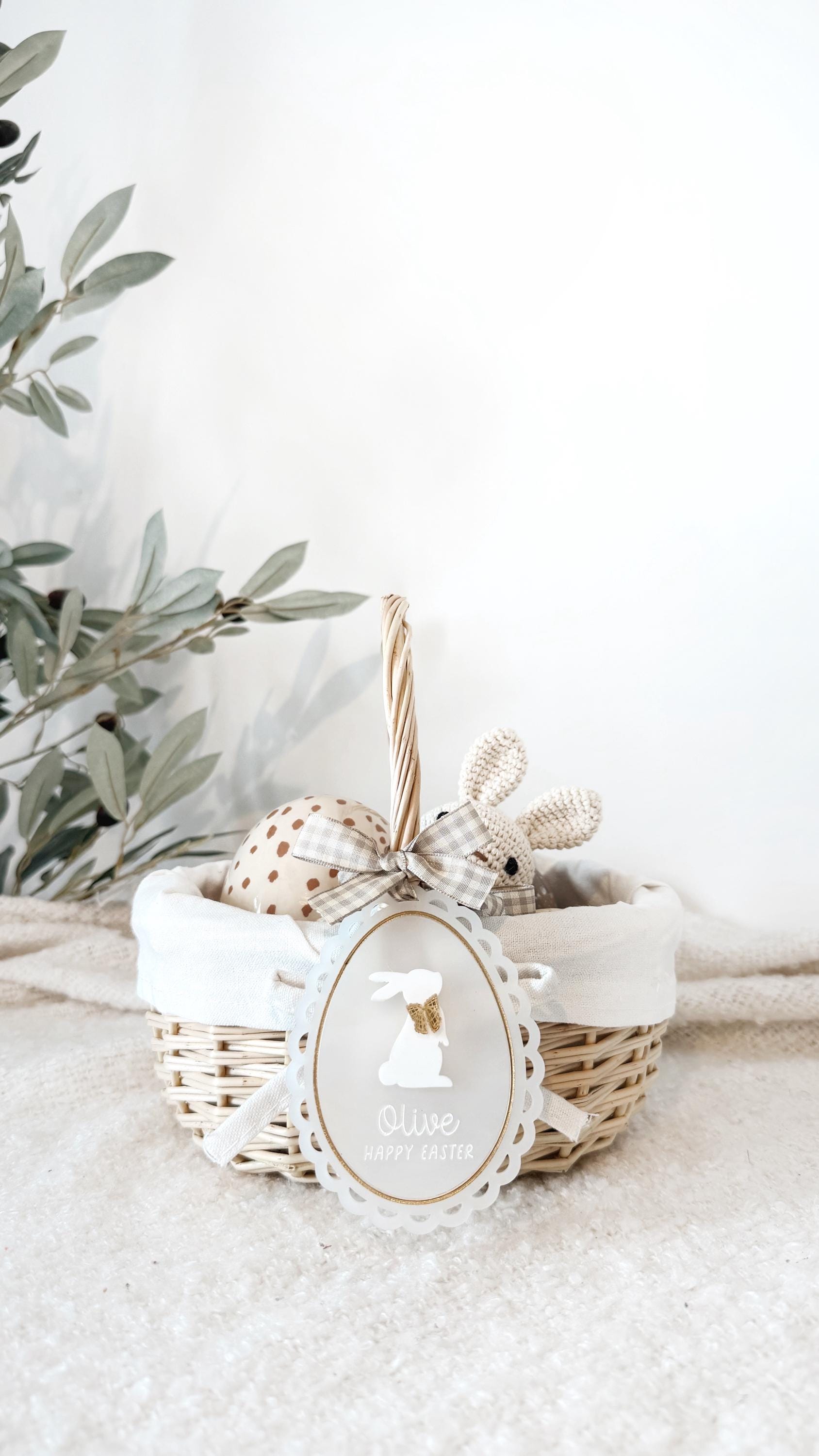 Personalised Easter Bunny Wicker Egg Basket with Acrylic Easter Tag