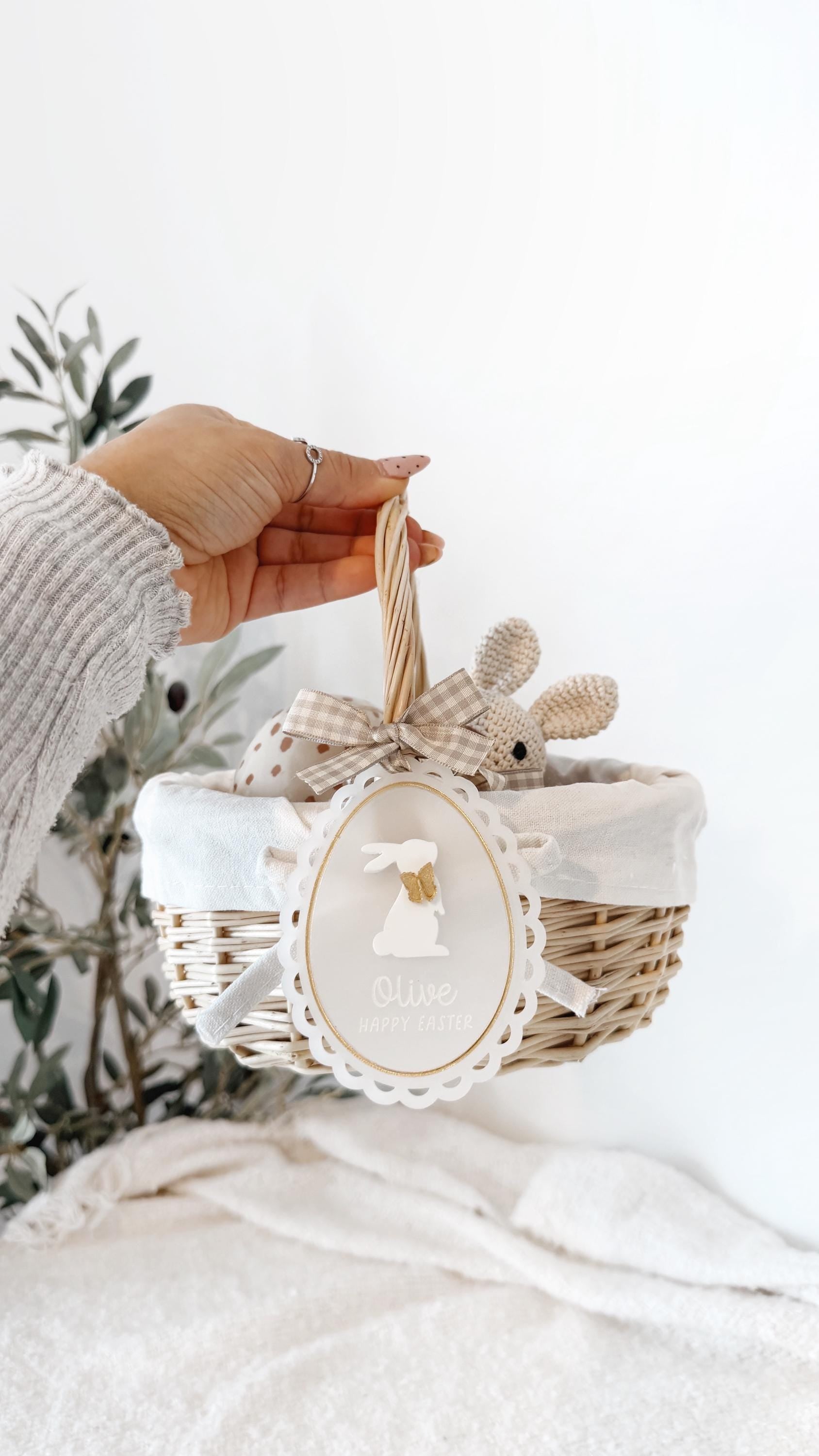 Personalised Easter Bunny Wicker Egg Basket with Acrylic Easter Tag