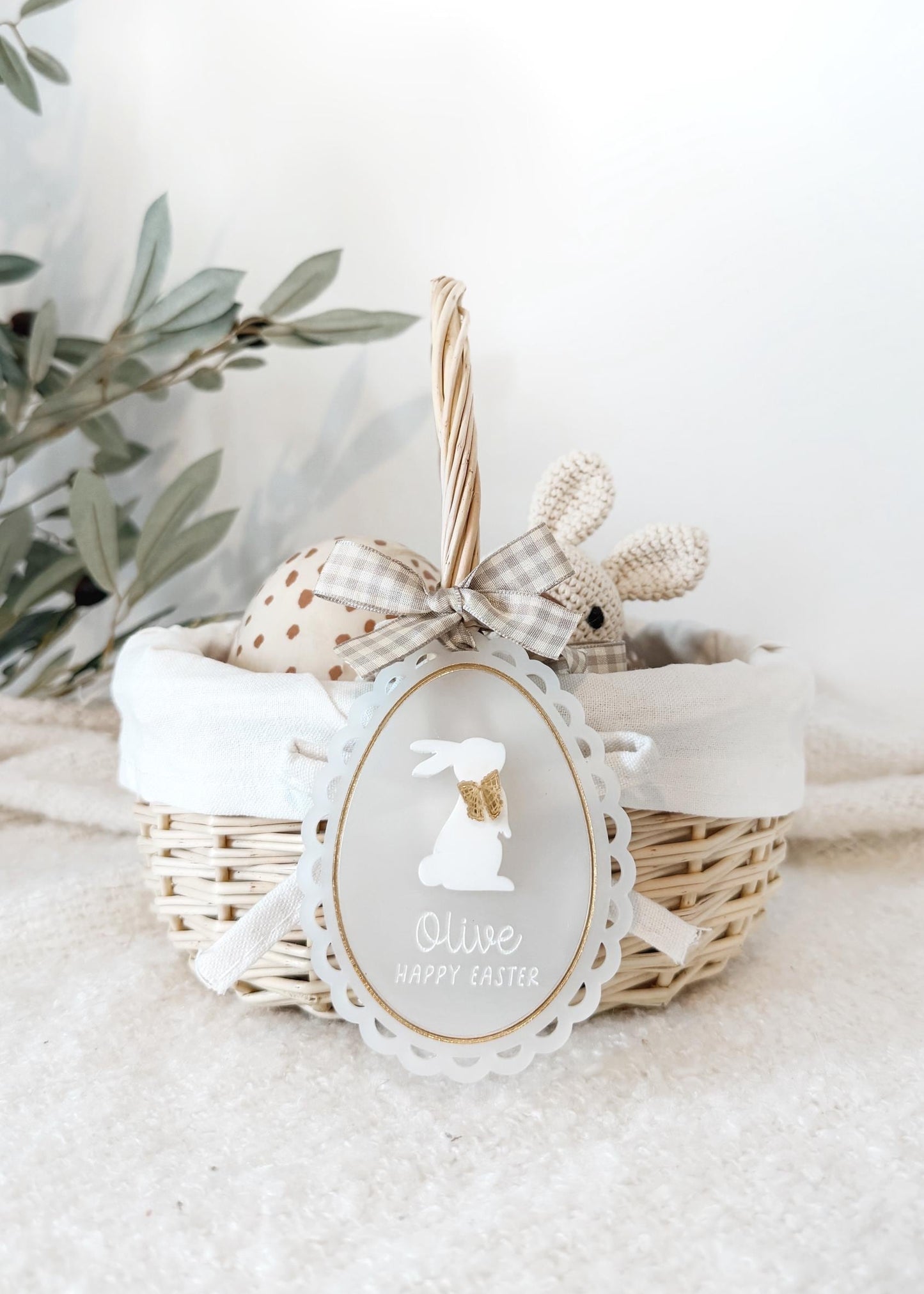 Personalised Easter Bunny Wicker Egg Basket with Acrylic Easter Tag