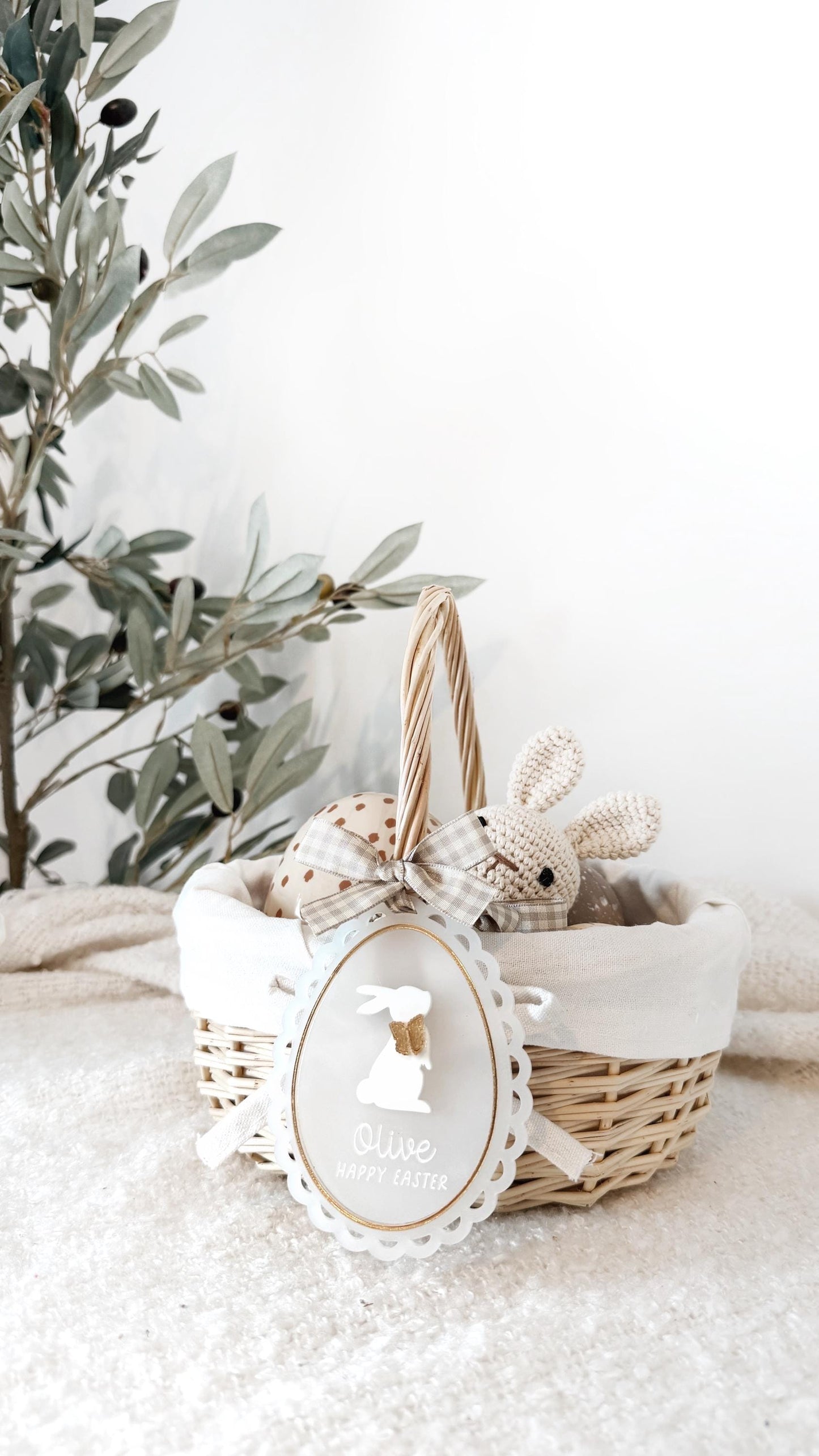 Personalised Easter Bunny Wicker Egg Basket with Acrylic Easter Tag