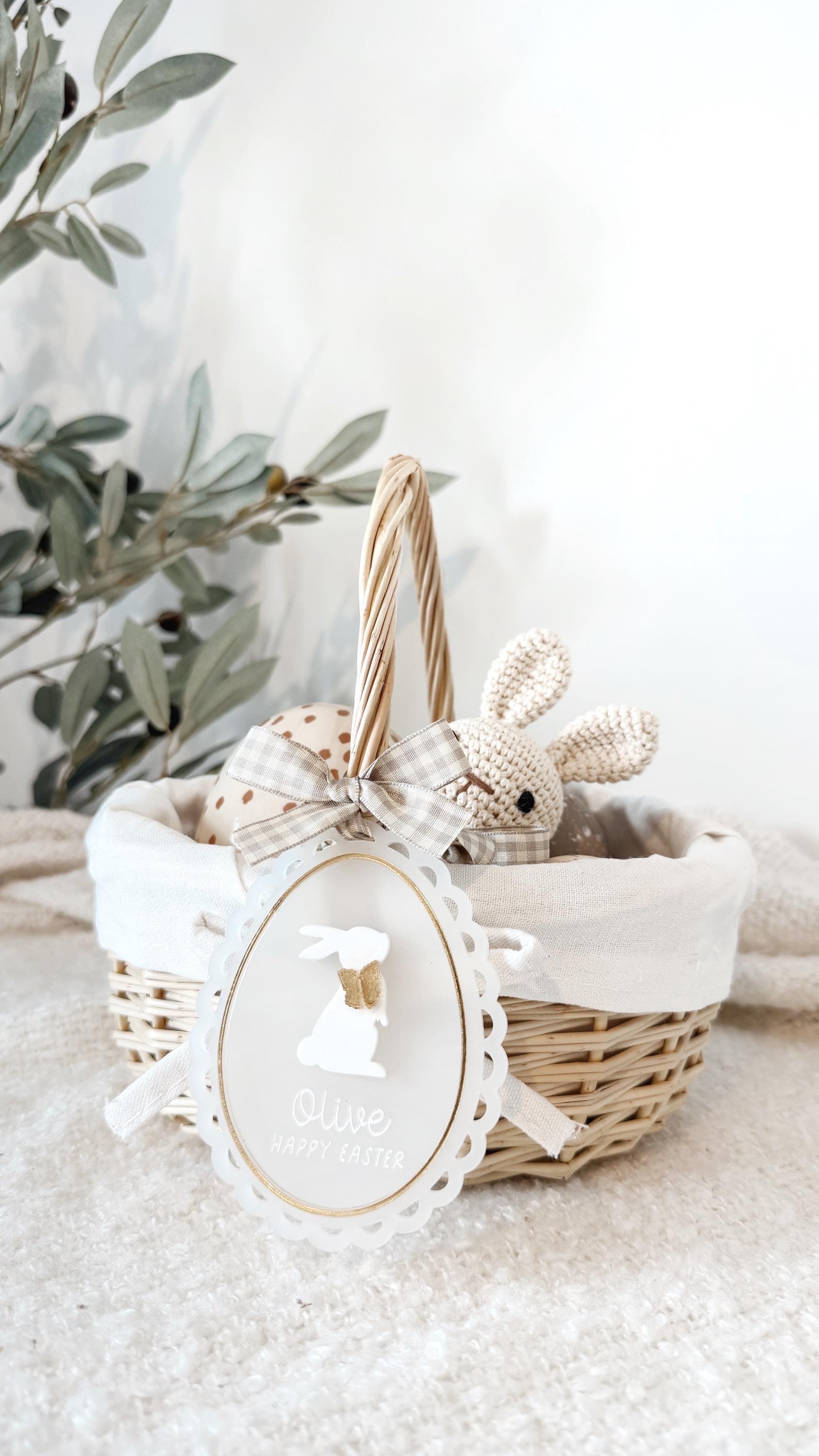 Personalised Easter Bunny Wicker Egg Basket with Acrylic Easter Tag