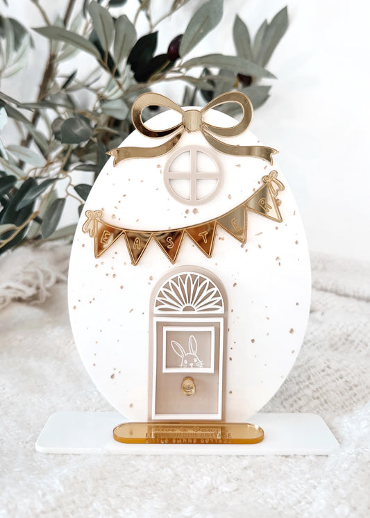 Easter Bunny Egg Cottage Decor | Tiered Tray Easter Decor | Spring Bunny Shelf Sitter | Farmhouse Easter Decoration | Easter Egg House