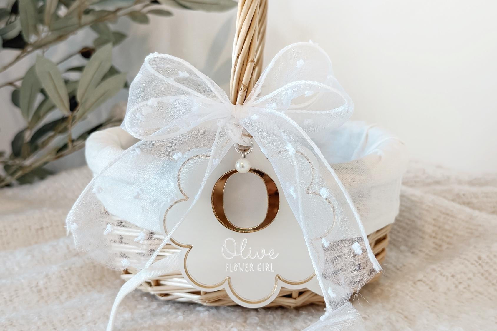 Personalised Flower Girl Wicker Basket with Acrylic Tag